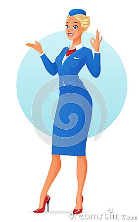 Beautiful smiling flight attendant in uniform presenting and showing ok sign gesture. Vector illustration isolated on Vector Illustration