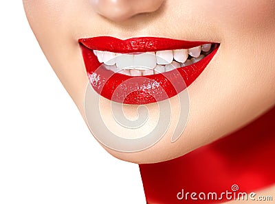 Beautiful smiling girl with red silk scarf Stock Photo