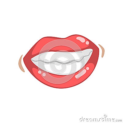 Beautiful smiling glossy female lips with white teeth, emotional mouth of young woman vector Illustration on a white Vector Illustration