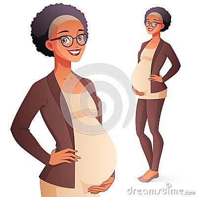 African American smiling pregnant business woman. Full length isolated vector illustration. Vector Illustration