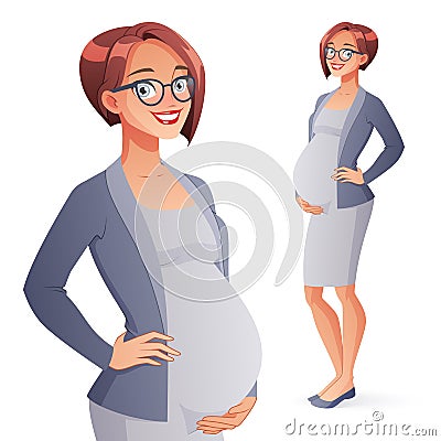 Beautiful smiling pregnant business woman. Full length isolated vector illustration. Vector Illustration