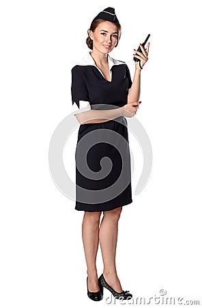 Beautiful smiling stewardess with cb radio, isolated Stock Photo