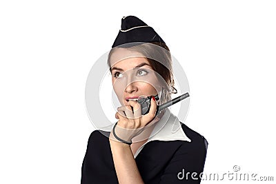 Beautiful smiling stewardess with cb radio, isolated Stock Photo