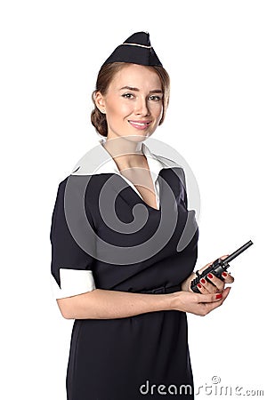 Beautiful smiling stewardess with cb radio, isolated on a white Stock Photo