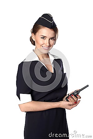 Beautiful smiling stewardess with cb radio Stock Photo