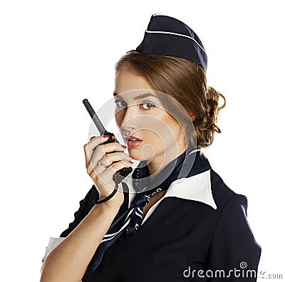 Beautiful smiling stewardess with cb radio Stock Photo