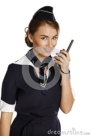 Beautiful smiling stewardess with cb radio Stock Photo