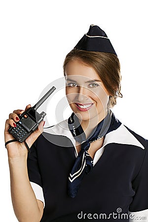 Beautiful smiling stewardess with cb radio Stock Photo