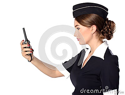 Beautiful smiling stewardess isolated on a white background Stock Photo