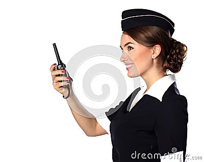 Beautiful smiling stewardess isolated on a white background Stock Photo