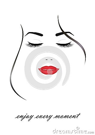 Beautiful smiling woman face with closed eyes and red lips, isolated on the white background, vertical vector Vector Illustration