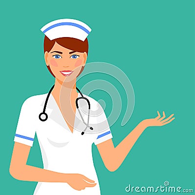 Beautiful smiling woman nurse isolated on blue background. woman nurse with stethoscope Vector Illustration