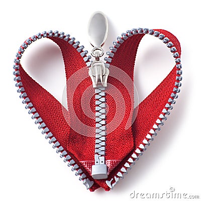 Beautiful snake for clothes in the form of a heart.Red zipper in shape of a heart on white background Stock Photo