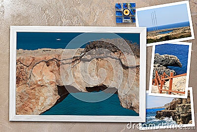 Beautiful snapshots of various Cyprus landscapes in wooden frames arranged on rustic background, with copy space Stock Photo