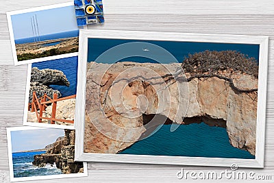 Beautiful snapshots of various Cyprus landscapes in wooden frames arranged on rustic background, with copy space Stock Photo