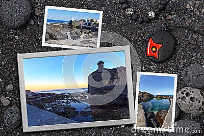 Beautiful snapshots of various Tenerife landscapes and landmarks arranged on black volcanic background Stock Photo