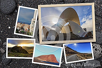 Beautiful snapshots of various Tenerife landscapes and landmarks arranged on black volcanic background Stock Photo