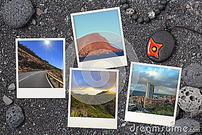 Beautiful snapshots of various Tenerife landscapes and landmarks arranged on black volcanic background Stock Photo