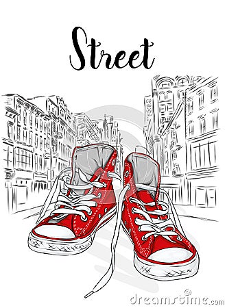 Beautiful sneakers. Vector illustration for a picture or poster. Youth shoes. Sports, running and walking. Vector Illustration