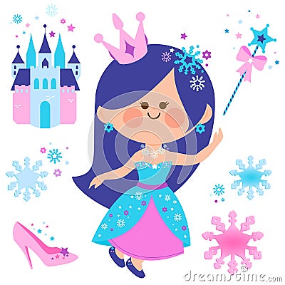 Beautiful snow princess and a castle. Vector illustration collection. Vector Illustration