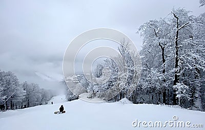 Beautiful snowing day at the Stowe Mountain Ski resort ski trails Stock Photo