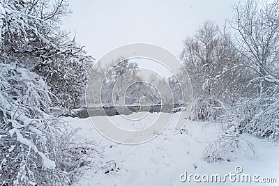 Beautiful snowy landscape in Torrejon de Ardoz with the passage of the Filomena squall in Spain Stock Photo