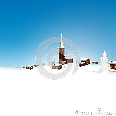 Beautiful Snowy Mountain Village Winter Landscape with Blue Sky Stock Photo