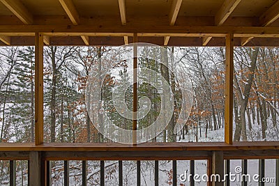Beautiful snowy winter view of a Northwoods mixed forest deciduous and coniferous through a screened-in porch on a rustic cabin Stock Photo