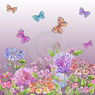 Beautiful soft hydrangea flowers and colorful butterflies on gradient pink background. Square template. Seamless floral pattern. Cartoon Illustration