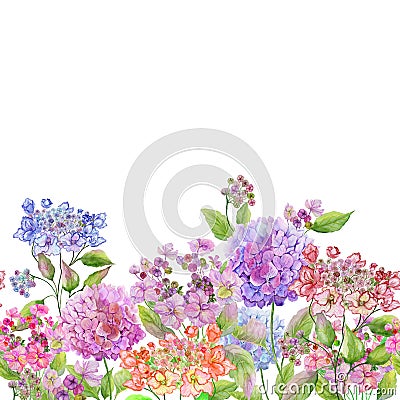 Beautiful soft hydrangea flowers on white background. Square template. Seamless floral pattern. Watercolor painting. Cartoon Illustration