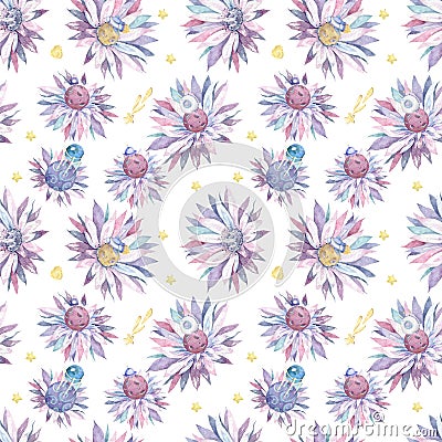 Beautiful soft pink cactus flower with pink planets seamless pattern, isolated on white background. Adorable design pink colorful Stock Photo