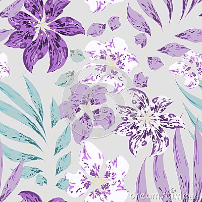 Beautiful softness tropical floral vector seamless pattern. Purple and white flowers with leaves on gray background. Stock Photo