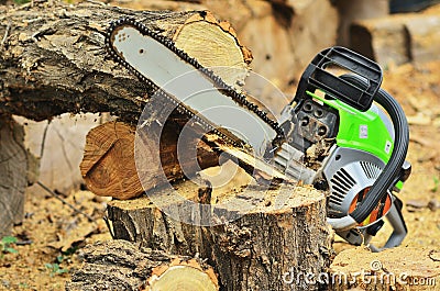 The durable chainsaw lies on the stump Stock Photo