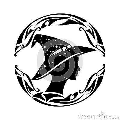 Beautiful sorceress lady wearing witch hat black vector silhouette portrait in round frame Vector Illustration