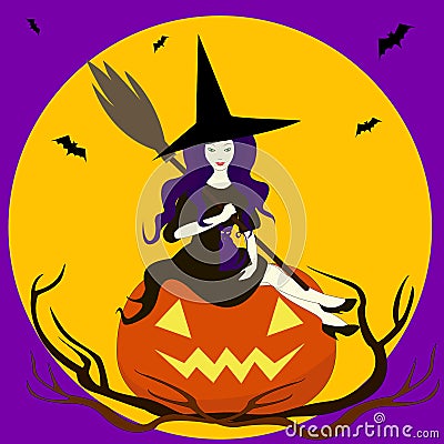 Beautiful sorceress sits on pumpkin Vector Illustration