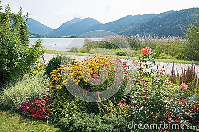 Beautiful spa garden with autumnal flowers, lakeside schliersee Stock Photo