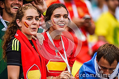 Beautiful Spanish fan girls during FIFA World Cup 2018 Round of 16 match Spain vs Russia Editorial Stock Photo