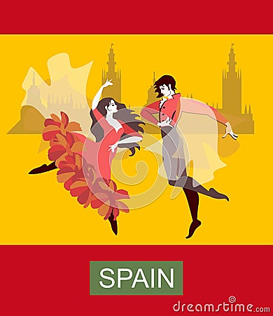 Beautiful spanish flamenco dancers on yellow background. Stylized flag of Spain. Vector illustration Vector Illustration