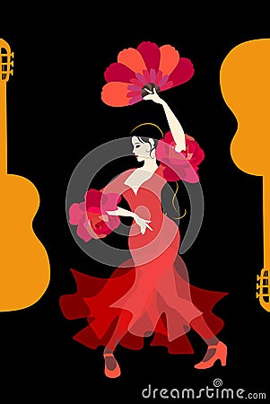 Beautiful Spanish girl dressed in long red dress with frills on sleeves in form of roses, with fan in their hands, dancing Vector Illustration