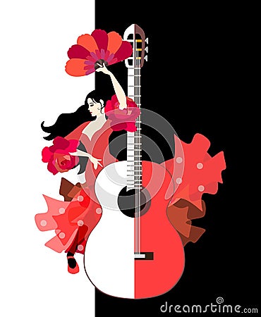 Beautiful Spanish girl dressed in long red dress with ruffles in form of roses and with fan in her hands dancing flamenco Vector Illustration