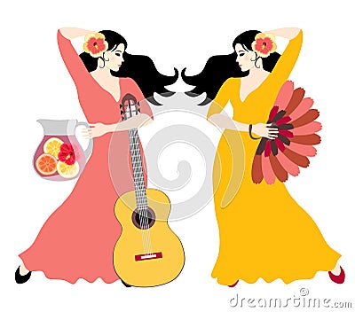 Beautiful spanish women. One with guitar and traditional drink - sangria, and other with fan Vector Illustration