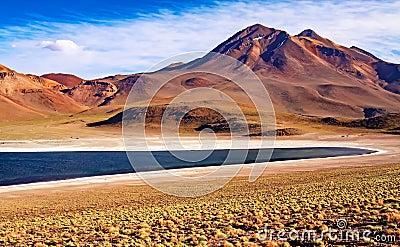 Beautiful spectacular colorful andes high plains landscape, dark blue lonely quiet calm lake lagoon, rugged mountains, arid ground Stock Photo