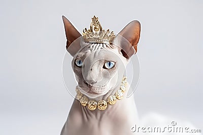 Beautiful Sphynx Cat In Gold Crown On White Background. Generative AI Stock Photo