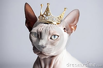 Beautiful Sphynx Cat In Gold Crown On White Background. Generative AI Stock Photo