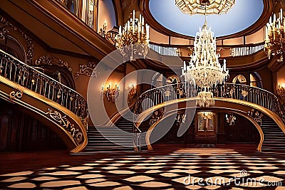A beautiful spiral staircase, an open hall with chandeliers, yellow beaming light in the big hall, beauty and the beast inspired, Stock Photo