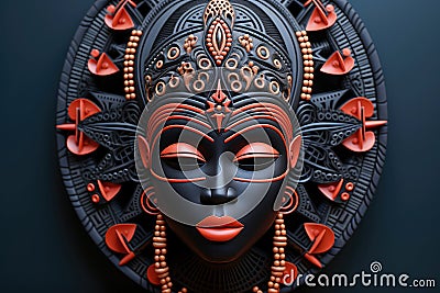 Beautiful Spirit African Woman Wooden Mask on the Wall extreme closeup. Generative AI Stock Photo