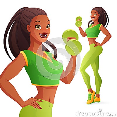Beautiful sportive African woman exercising with dumbbell. Isolated vector illustration. Vector Illustration