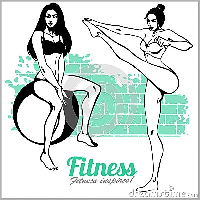 Beautiful sportive womans doing exercises. Vector Illustration
