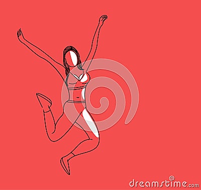 Beautiful sports girl doing exercises with jumping line art design Vector Illustration