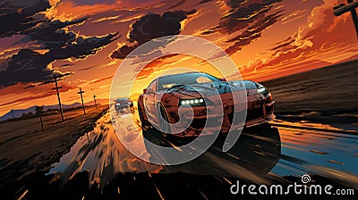 Beautiful sports vehicle moving against a spectacular sunset sky. Stock Photo